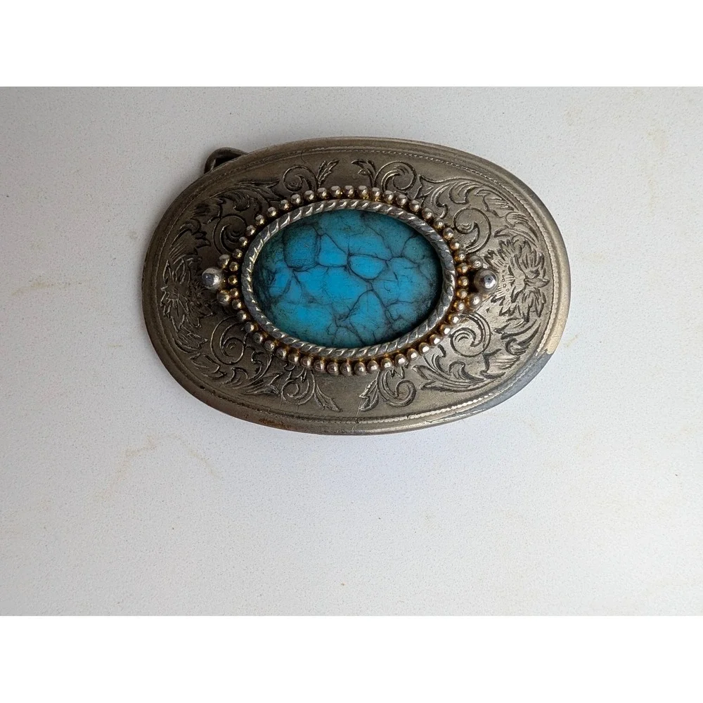 Vintage Western Belt Buckle Faux Turquoise Oval Floral Engraved Silver Tone